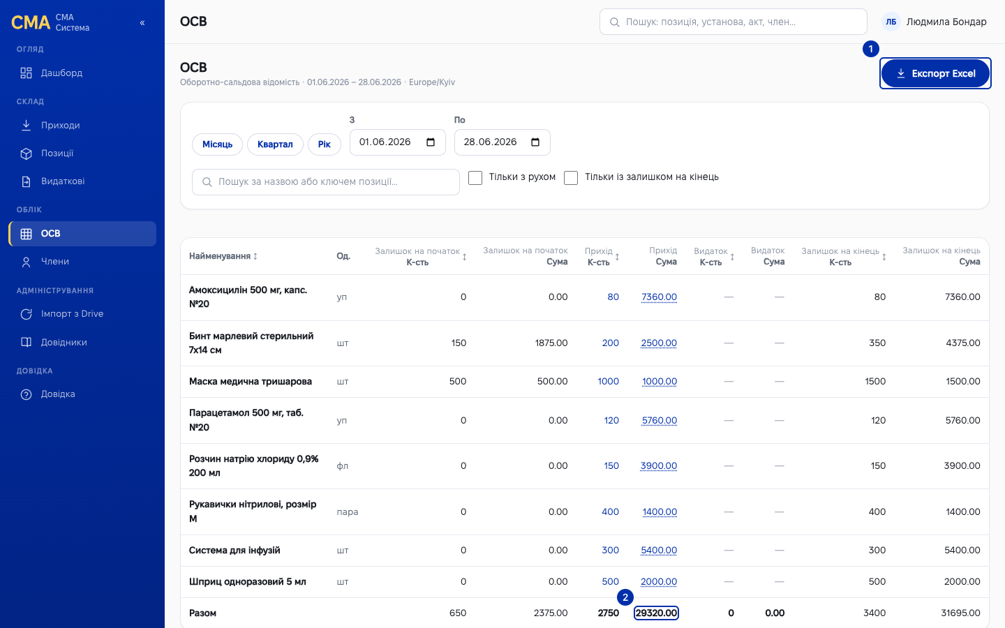 Екран ОСВ з кнопкою експорту Excel